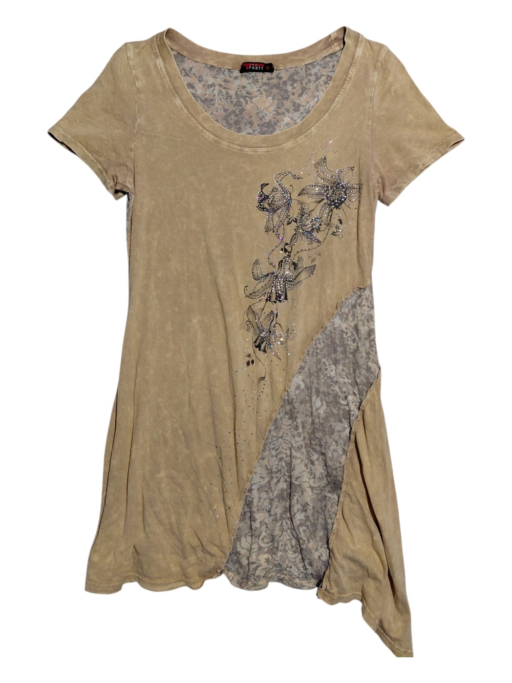 Tan Acid Wash Floral Rhinestone Top | Y2K Fairy Grunge | Size M